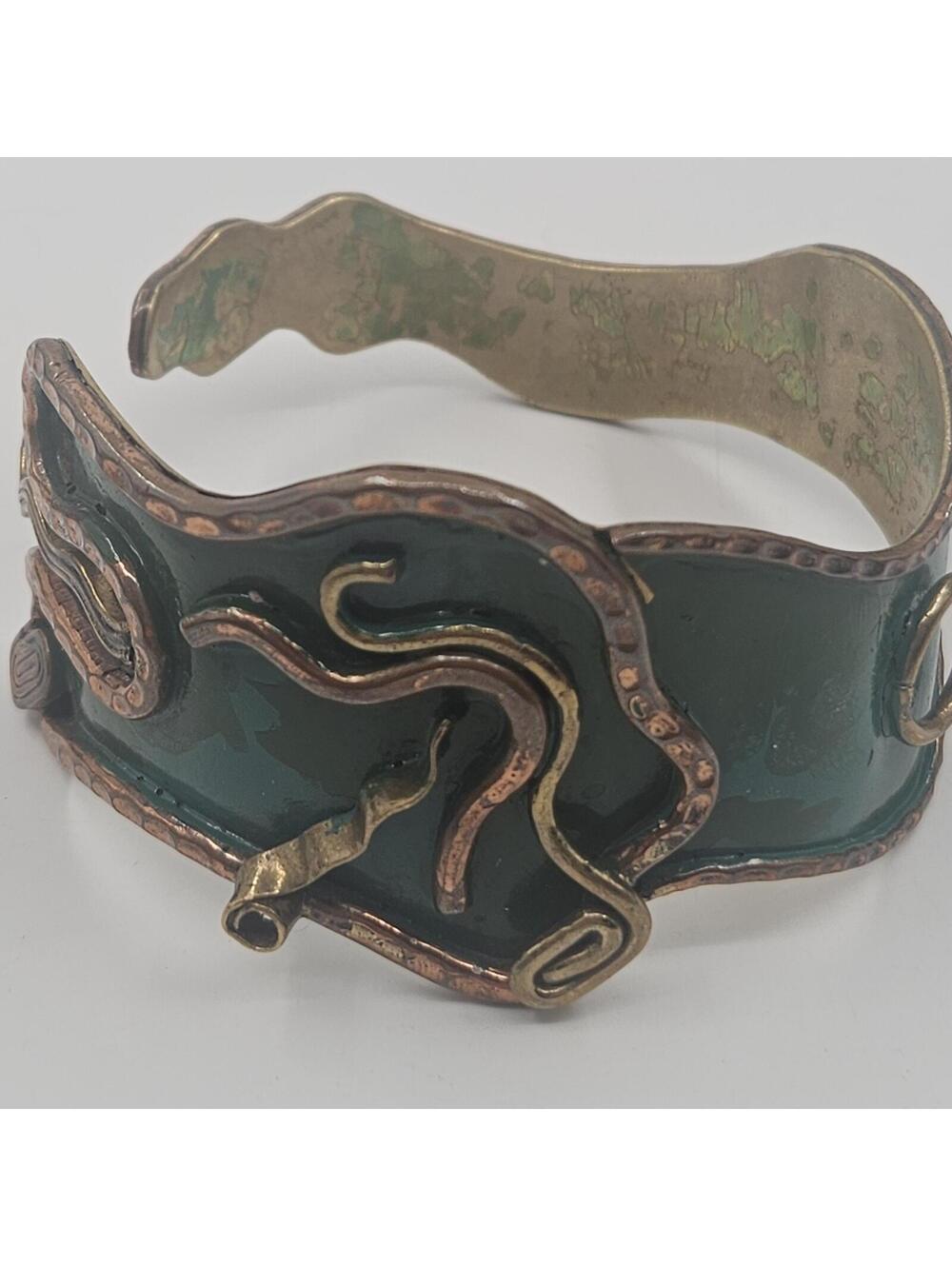 Vintage Brutalist Copper Brass Green Enamel Cuff Bracelet Handcrafted MCM Mexico